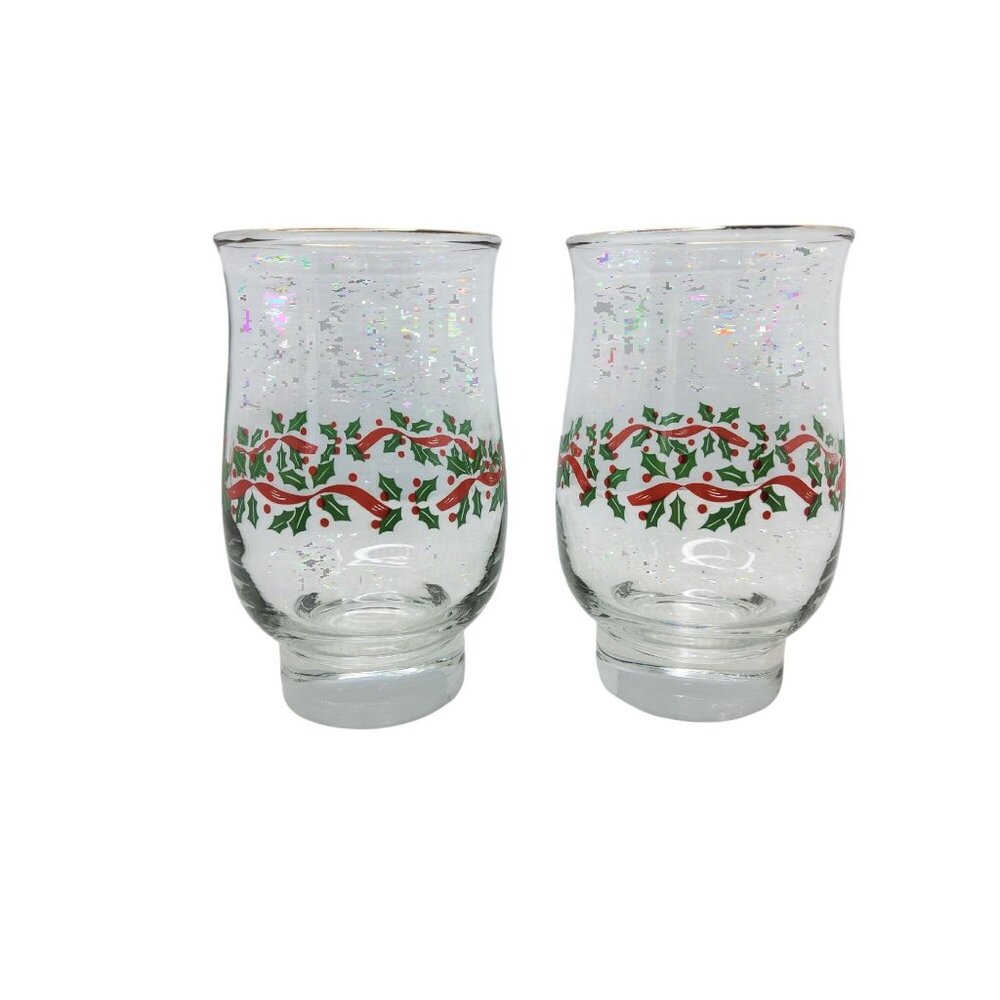 Libbey Set Of 2 Vintage Holly & Berries Gold Rim Glass Tumblers